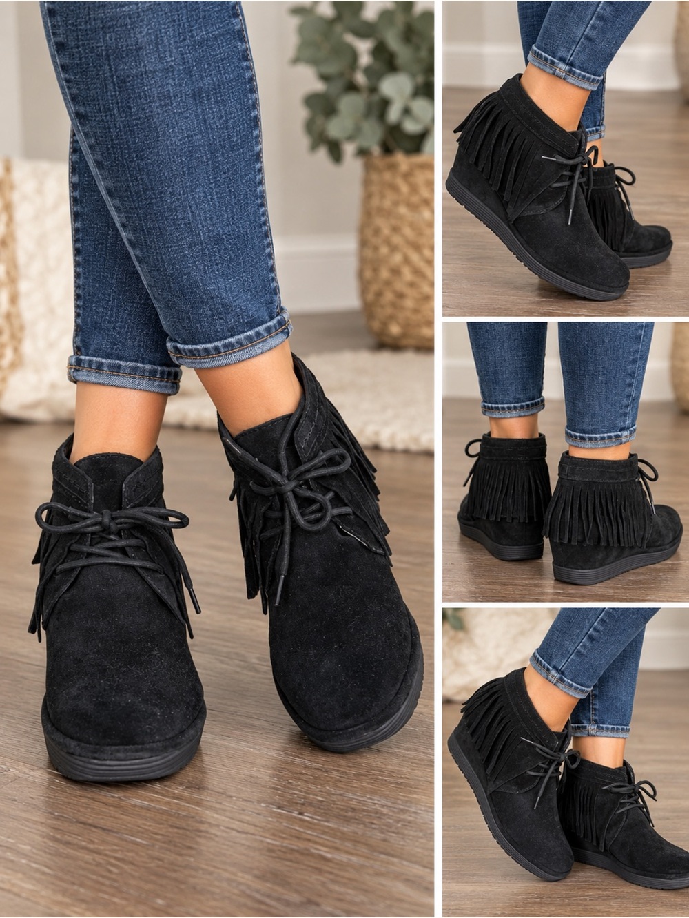 Fly London Black Suede Fringe Wedge Booties EU SZ 36 (US 5.5/6)